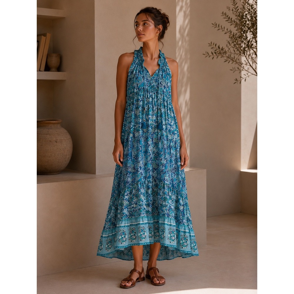 Ro's‎ Garden Sofia Maxi Dress Women XS Blue Floral Tiered Halter High-Low Cotton
